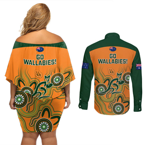 australia-rugby-couples-matching-off-shoulder-short-dress-and-long-sleeve-button-shirts-wallabies-2023-indigenous-art