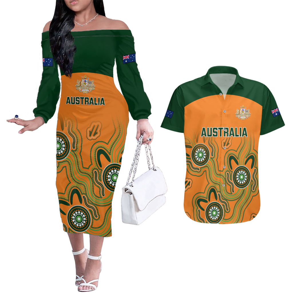 australia-rugby-couples-matching-off-the-shoulder-long-sleeve-dress-and-hawaiian-shirt-wallabies-2023-indigenous-art