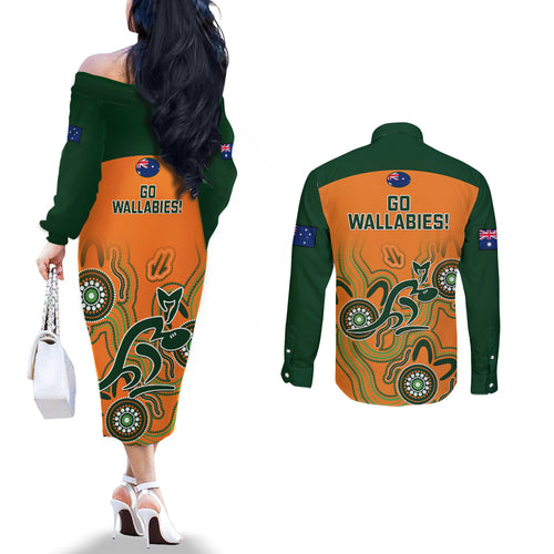 australia-rugby-couples-matching-off-the-shoulder-long-sleeve-dress-and-long-sleeve-button-shirts-wallabies-2023-indigenous-art