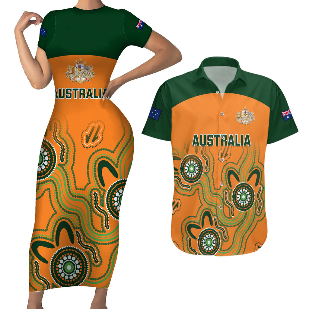 australia-rugby-couples-matching-short-sleeve-bodycon-dress-and-hawaiian-shirt-wallabies-2023-indigenous-art