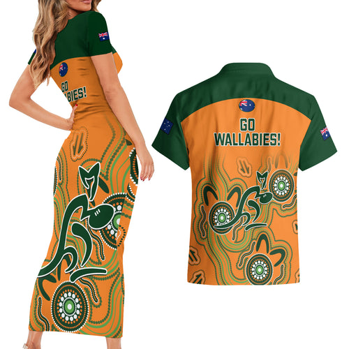 australia-rugby-couples-matching-short-sleeve-bodycon-dress-and-hawaiian-shirt-wallabies-2023-indigenous-art