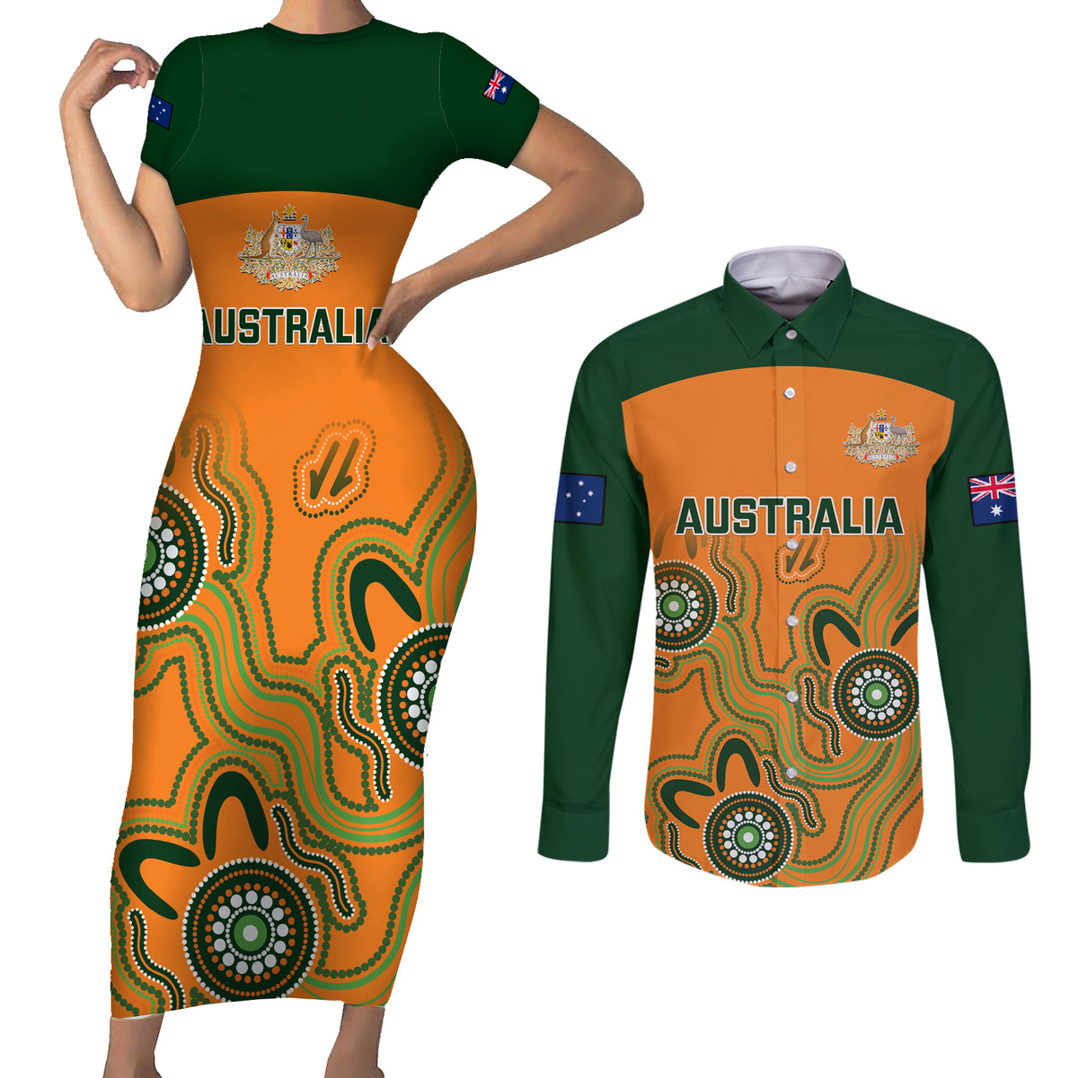 australia-rugby-couples-matching-short-sleeve-bodycon-dress-and-long-sleeve-button-shirts-wallabies-2023-indigenous-art