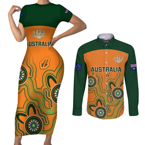 australia-rugby-couples-matching-short-sleeve-bodycon-dress-and-long-sleeve-button-shirts-wallabies-2023-indigenous-art