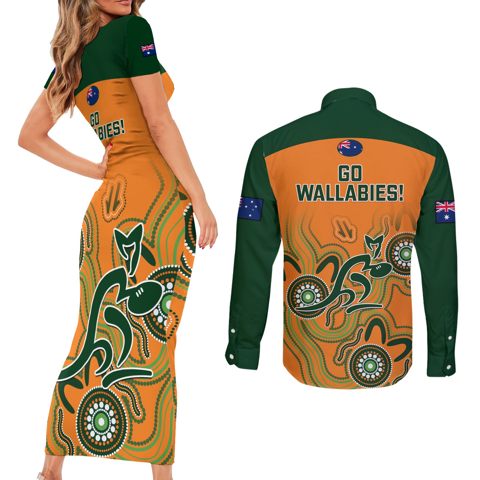 australia-rugby-couples-matching-short-sleeve-bodycon-dress-and-long-sleeve-button-shirts-wallabies-2023-indigenous-art