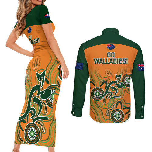 australia-rugby-couples-matching-short-sleeve-bodycon-dress-and-long-sleeve-button-shirts-wallabies-2023-indigenous-art