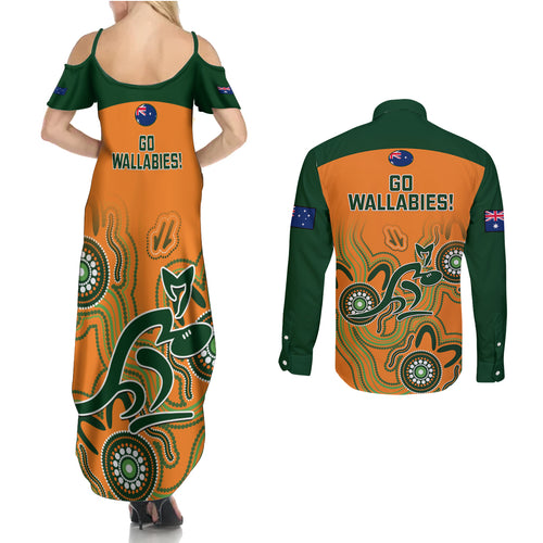 australia-rugby-couples-matching-summer-maxi-dress-and-long-sleeve-button-shirts-wallabies-2023-indigenous-art