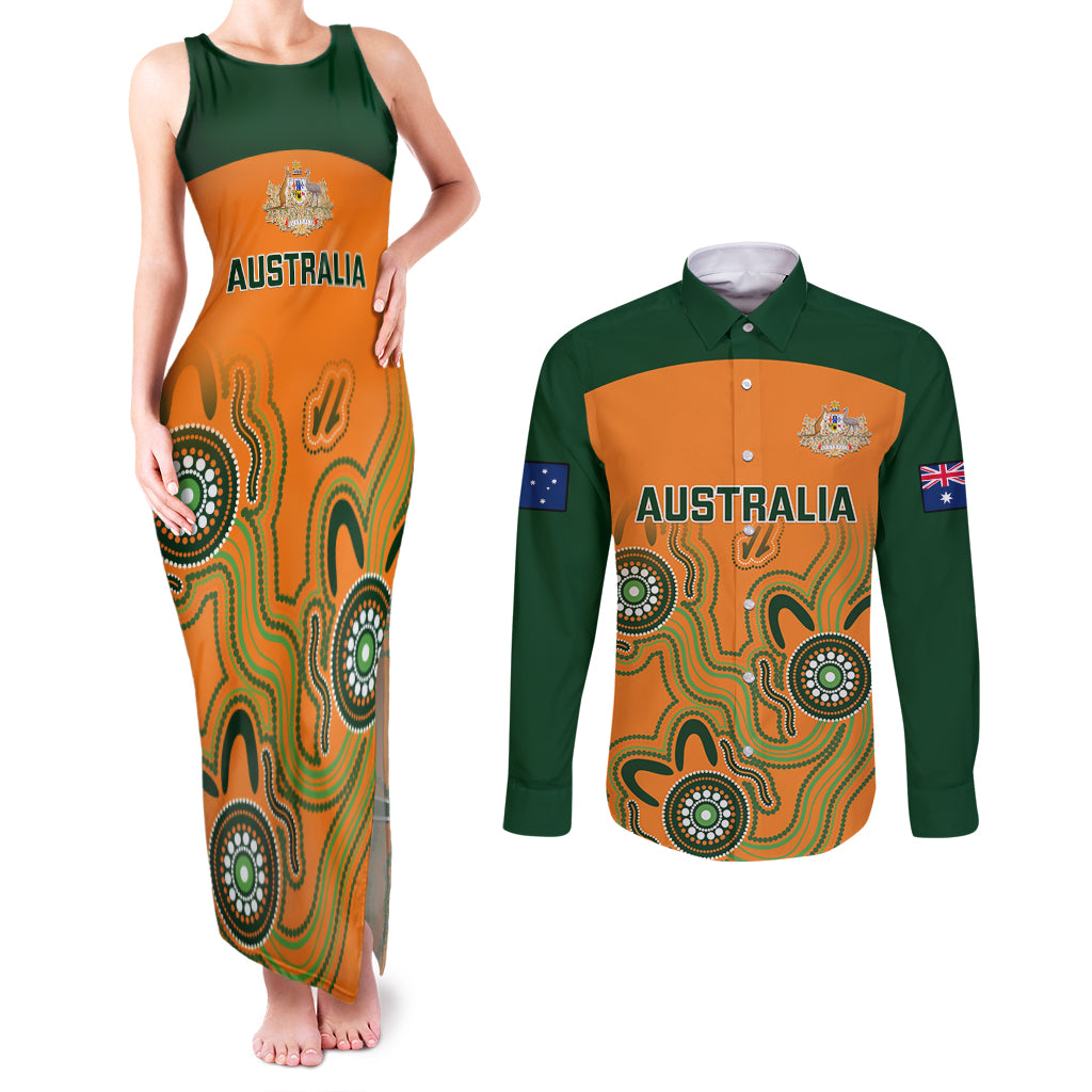 australia-rugby-couples-matching-tank-maxi-dress-and-long-sleeve-button-shirts-wallabies-2023-indigenous-art