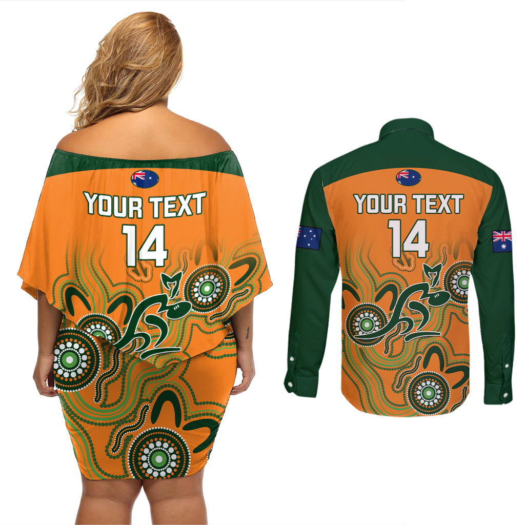 custom-australia-rugby-couples-matching-off-shoulder-short-dress-and-long-sleeve-button-shirts-wallabies-2023-indigenous-art