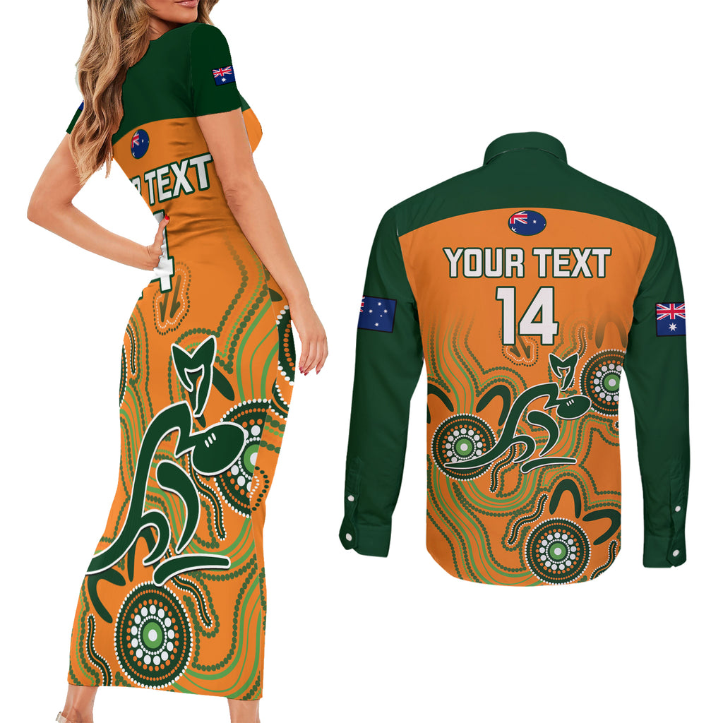 custom-australia-rugby-couples-matching-short-sleeve-bodycon-dress-and-long-sleeve-button-shirts-wallabies-2023-indigenous-art