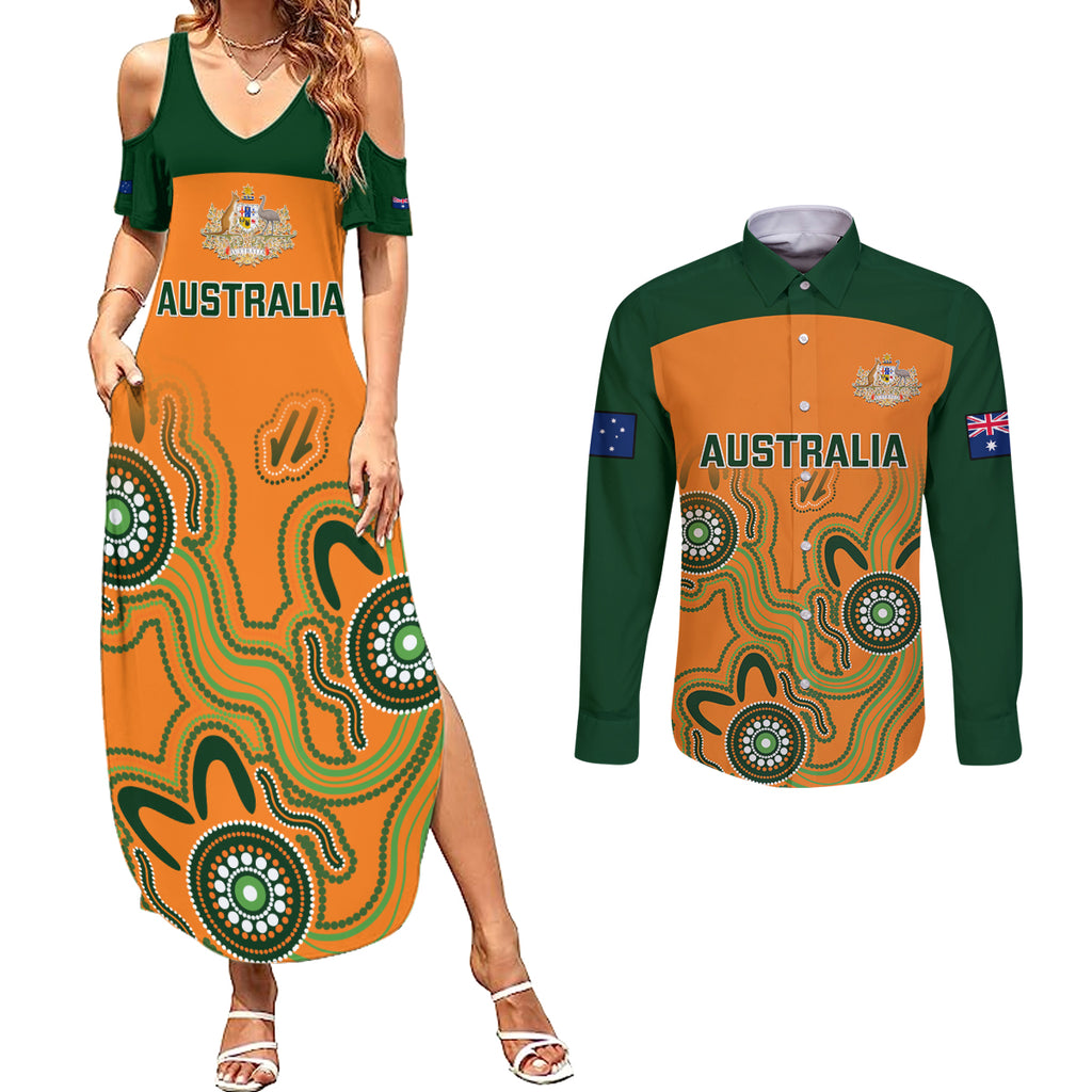 custom-australia-rugby-couples-matching-summer-maxi-dress-and-long-sleeve-button-shirts-wallabies-2023-indigenous-art
