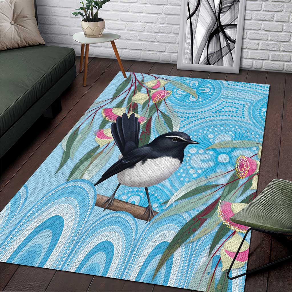 Willie wagtail Australia Area Rug Eucalyptus Blossoms Aboriginal Art - Aussie Hoodie