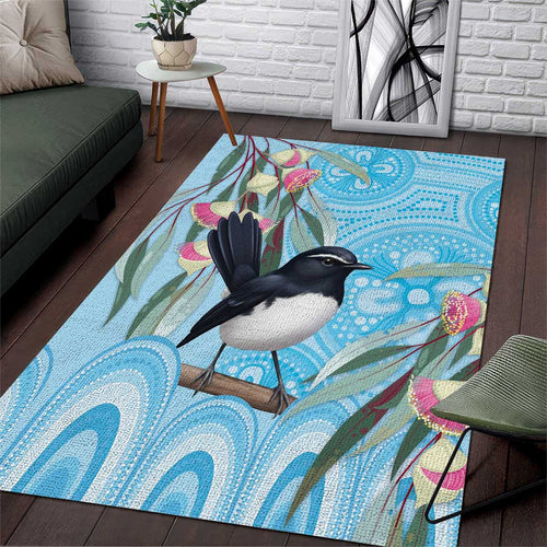Willie wagtail Australia Area Rug Eucalyptus Blossoms Aboriginal Art - Aussie Hoodie
