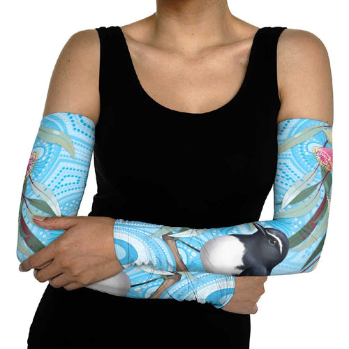 Willie wagtail Australia Arm Sleeves Eucalyptus Blossoms Aboriginal Art - Aussie Hoodie