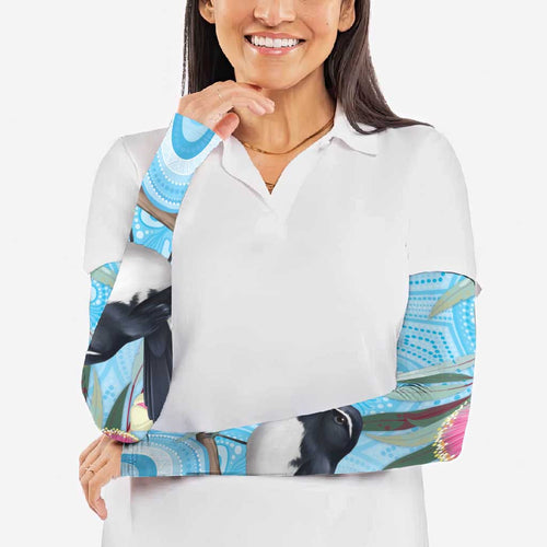 Willie wagtail Australia Arm Sleeves Eucalyptus Blossoms Aboriginal Art - Aussie Hoodie