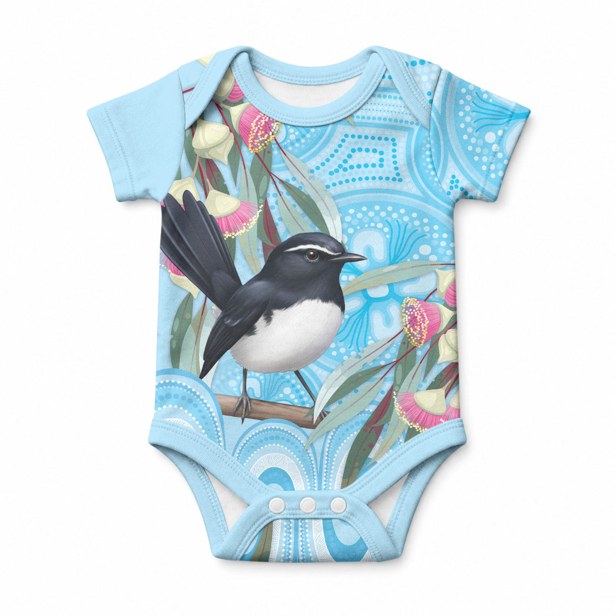 Willie wagtail Australia Baby Onesie Eucalyptus Blossoms Aboriginal Art