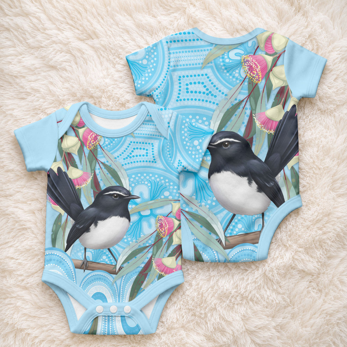 Willie wagtail Australia Baby Onesie Eucalyptus Blossoms Aboriginal Art