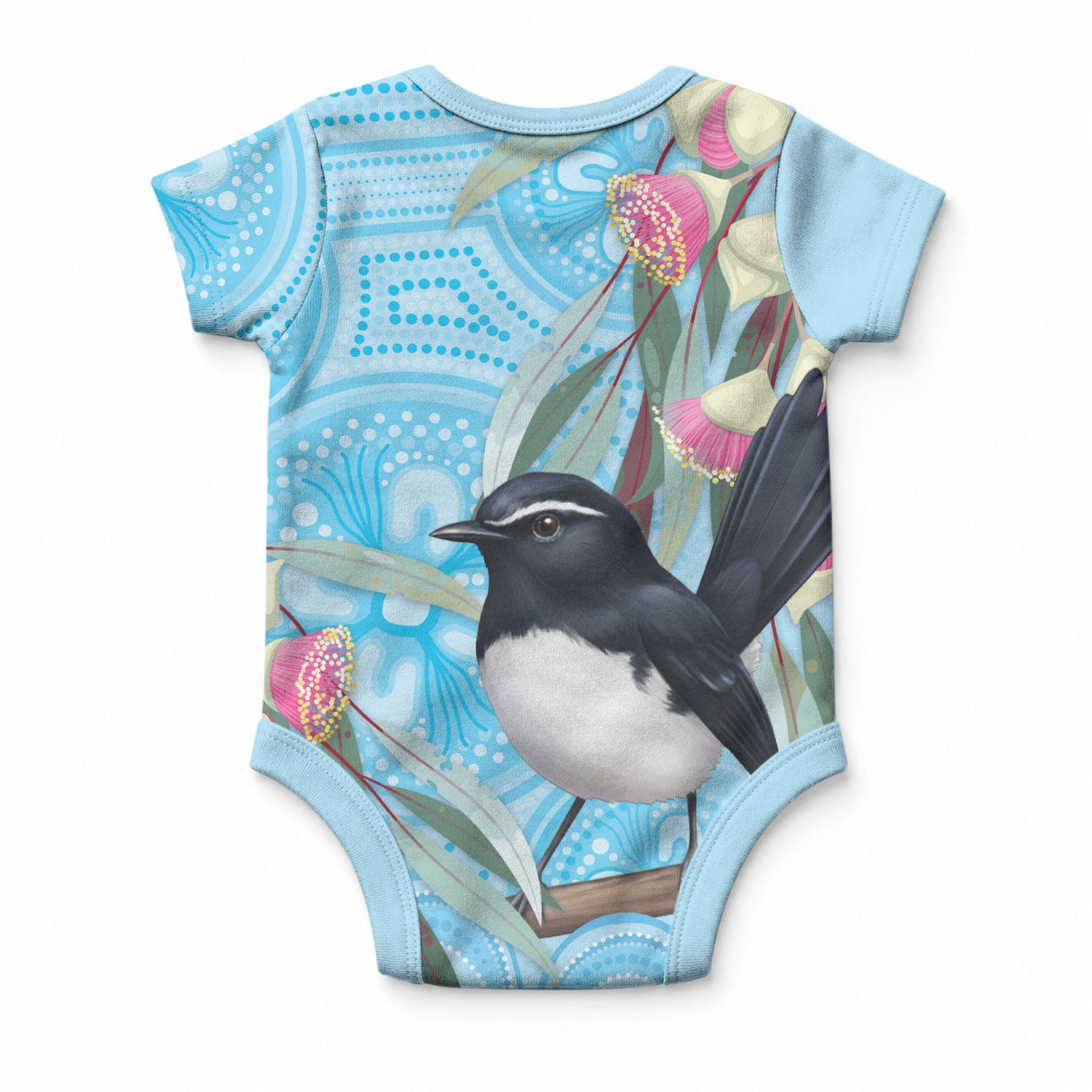 Willie wagtail Australia Baby Onesie Eucalyptus Blossoms Aboriginal Art