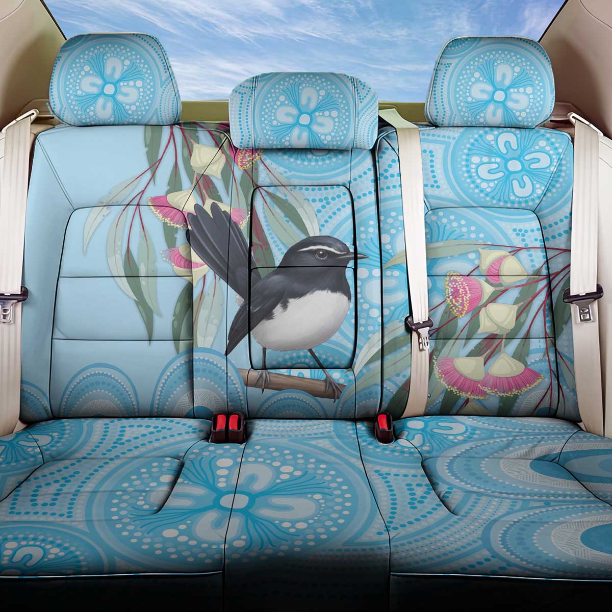 Willie wagtail Australia Back Car Seat Cover Eucalyptus Blossoms Aboriginal Art - Aussie Hoodie