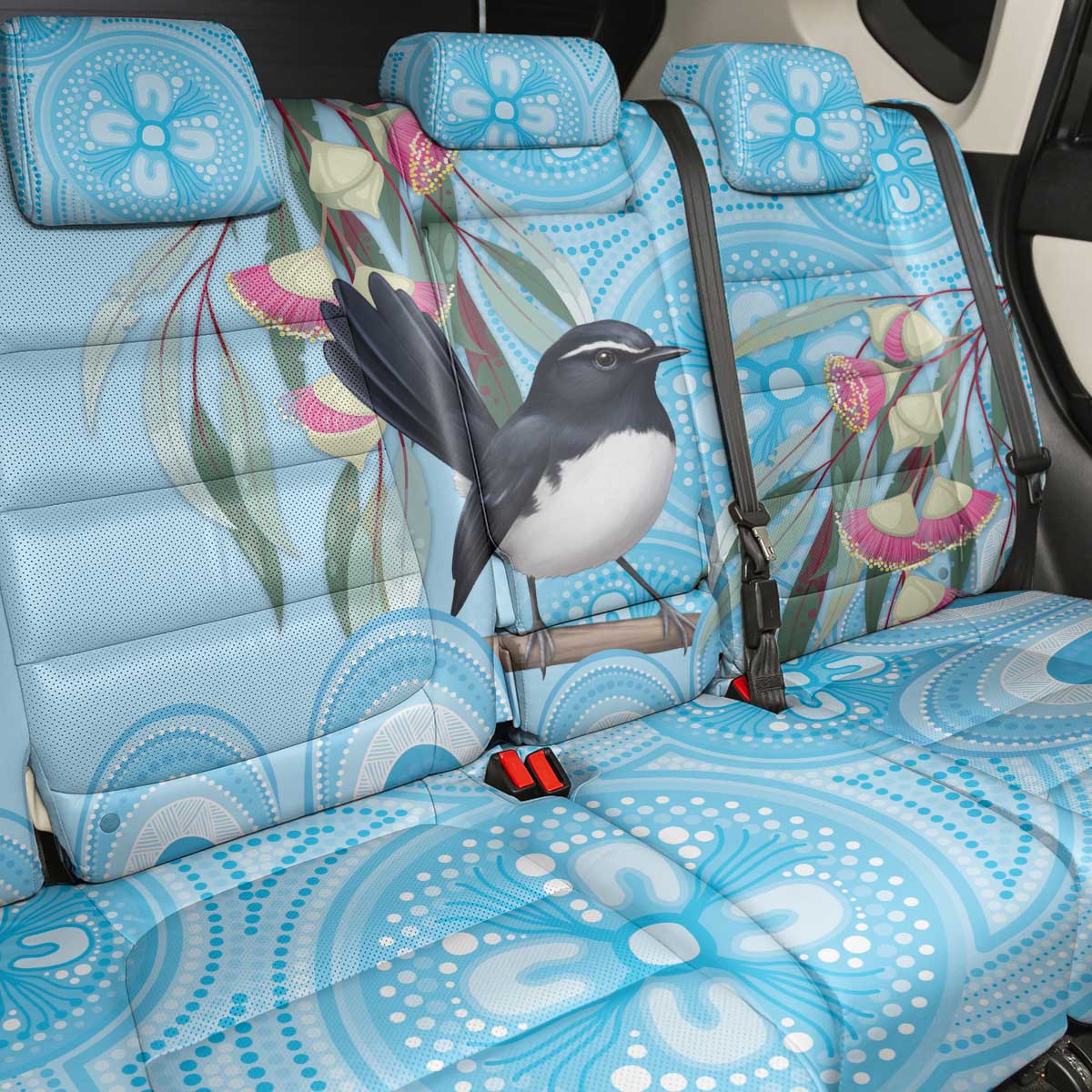 Willie wagtail Australia Back Car Seat Cover Eucalyptus Blossoms Aboriginal Art - Aussie Hoodie