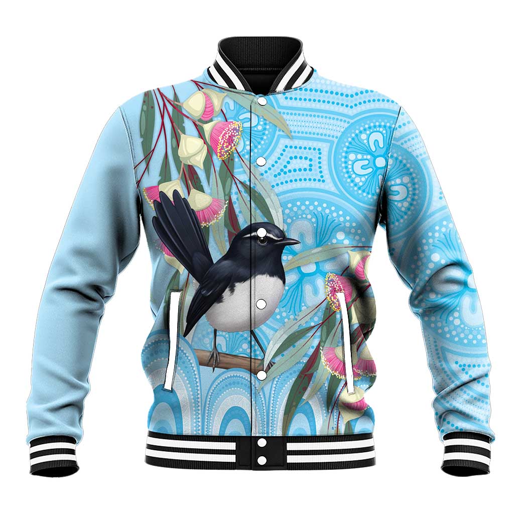 Willie wagtail Australia Baseball Jacket Eucalyptus Blossoms Aboriginal Art - Aussie Hoodie
