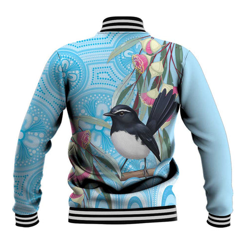 Willie wagtail Australia Baseball Jacket Eucalyptus Blossoms Aboriginal Art - Aussie Hoodie