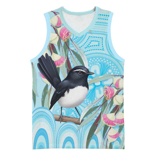 Willie wagtail Australia Basketball Jersey Eucalyptus Blossoms Aboriginal Art - Aussie Hoodie