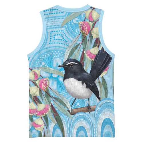 Willie wagtail Australia Basketball Jersey Eucalyptus Blossoms Aboriginal Art - Aussie Hoodie