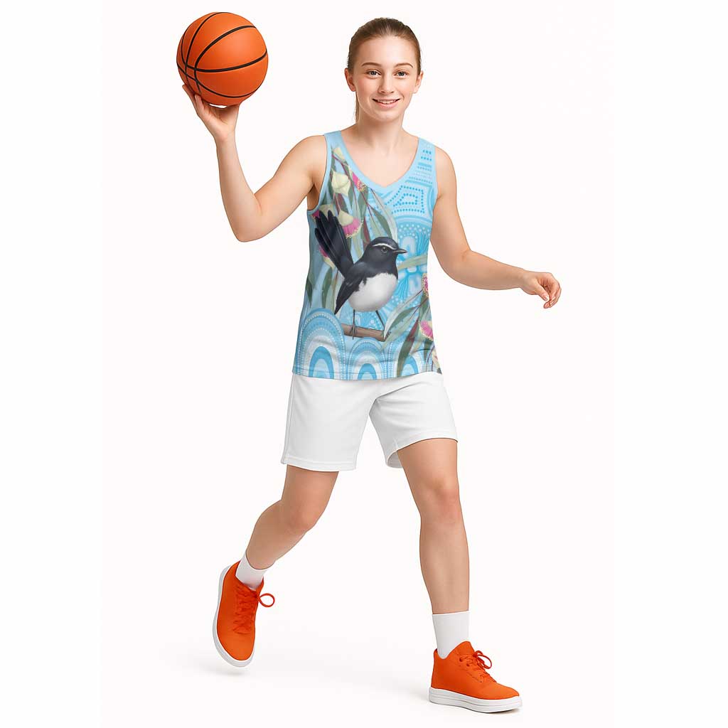 Willie wagtail Australia Basketball Jersey Eucalyptus Blossoms Aboriginal Art - Aussie Hoodie