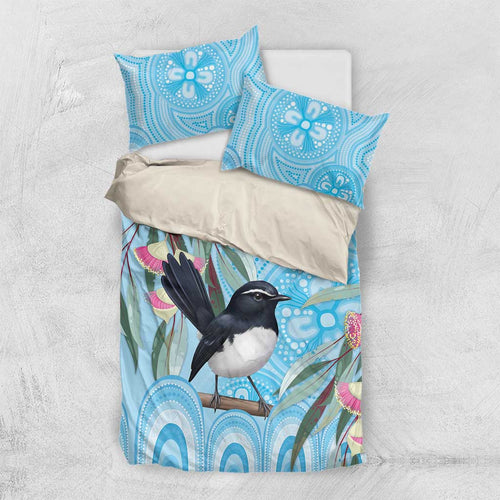 Willie wagtail Australia Bedding Set Eucalyptus Blossoms Aboriginal Art - Aussie Hoodie