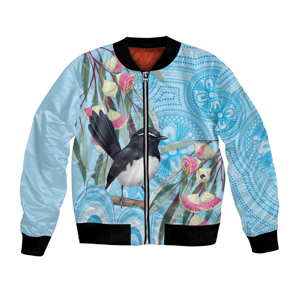 Willie wagtail Australia Bomber Jacket Eucalyptus Blossoms Aboriginal Art - Aussie Hoodie
