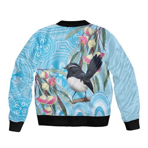 Willie wagtail Australia Bomber Jacket Eucalyptus Blossoms Aboriginal Art - Aussie Hoodie