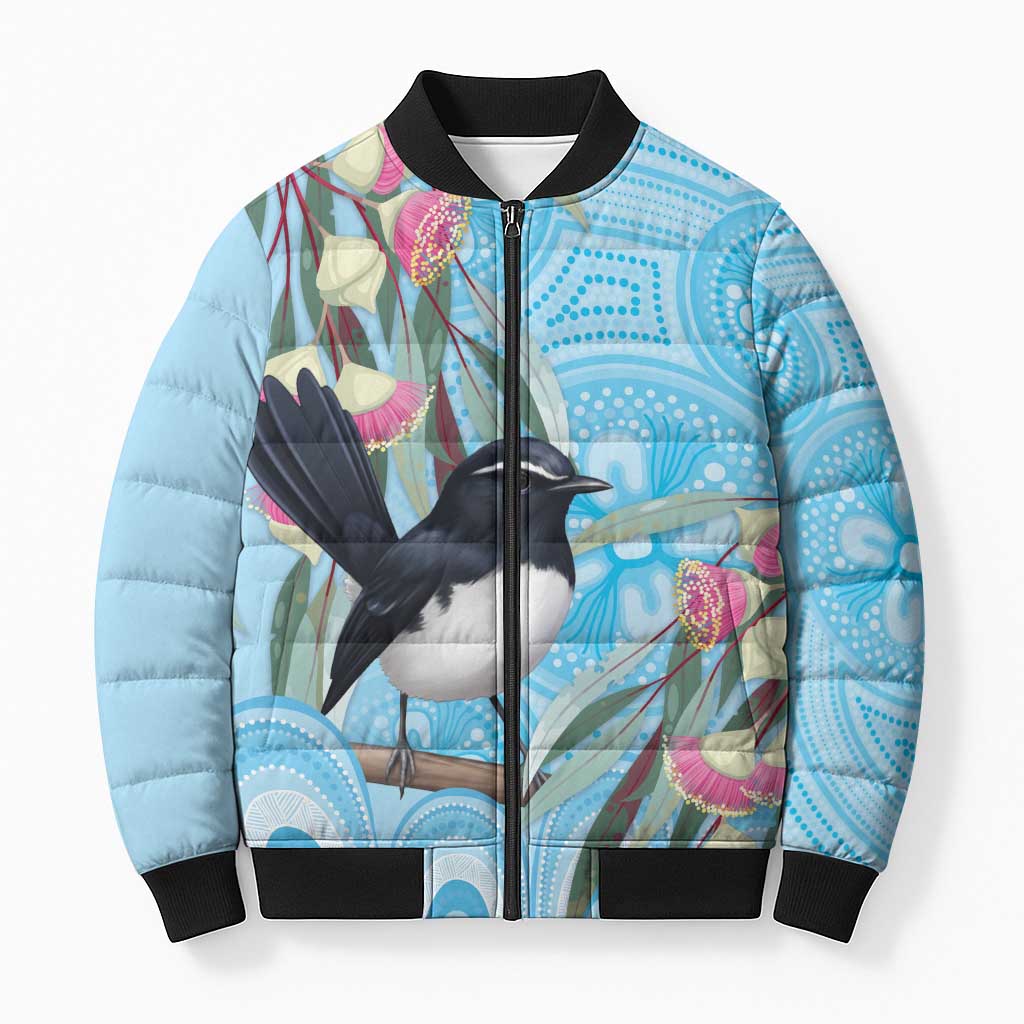 Willie wagtail Australia Bomber Puffer Jacket Eucalyptus Blossoms Aboriginal Art - Aussie Hoodie