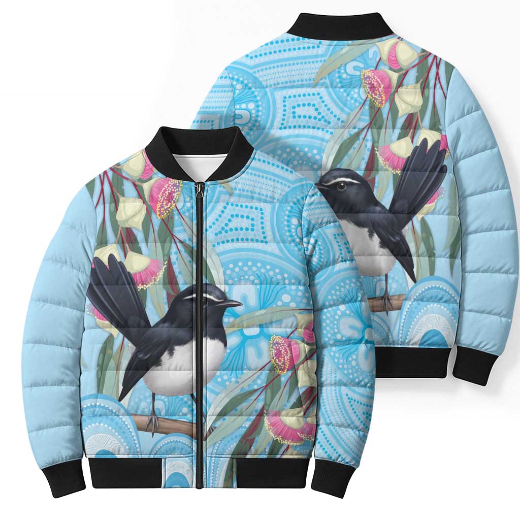Willie wagtail Australia Bomber Puffer Jacket Eucalyptus Blossoms Aboriginal Art - Aussie Hoodie