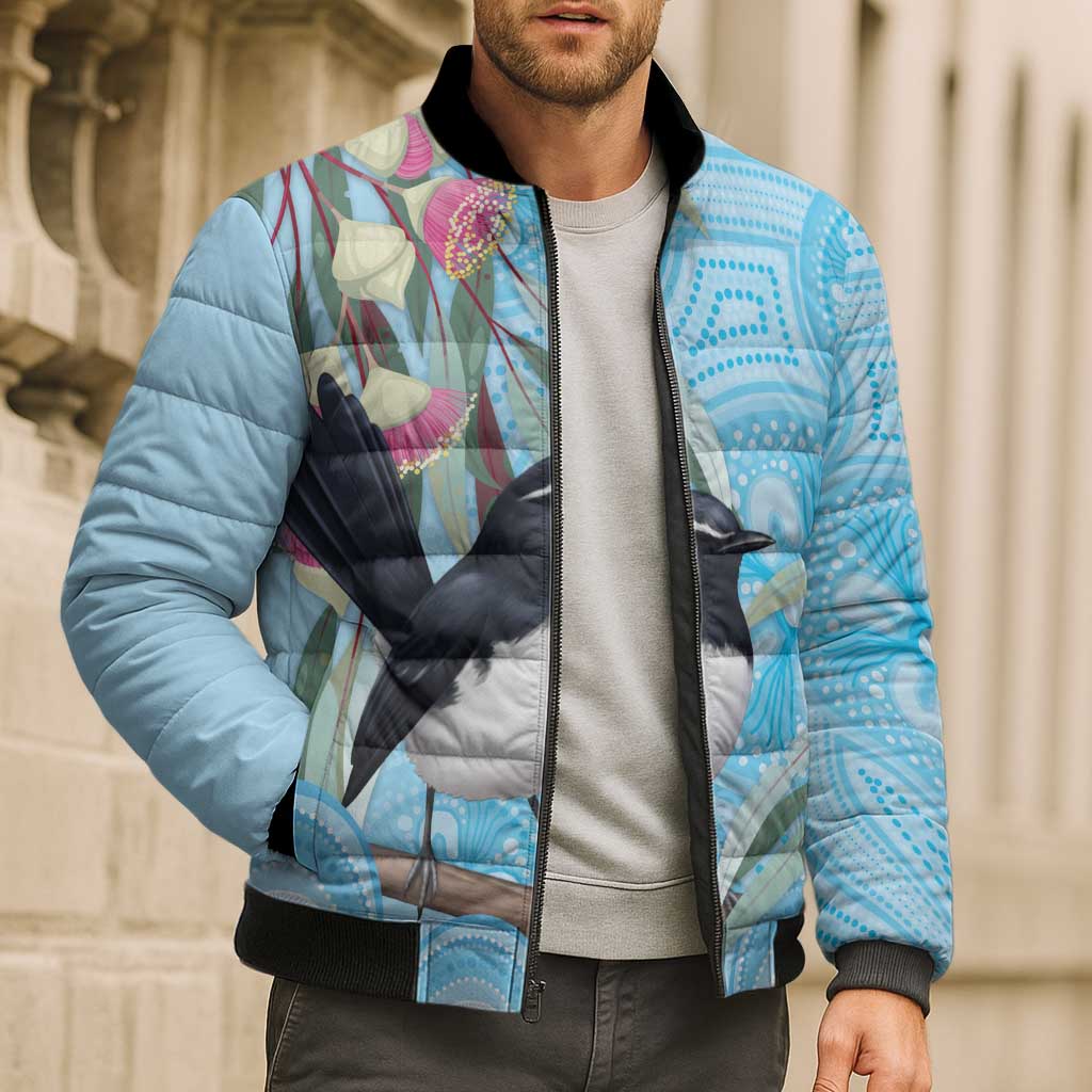 Willie wagtail Australia Bomber Puffer Jacket Eucalyptus Blossoms Aboriginal Art - Aussie Hoodie