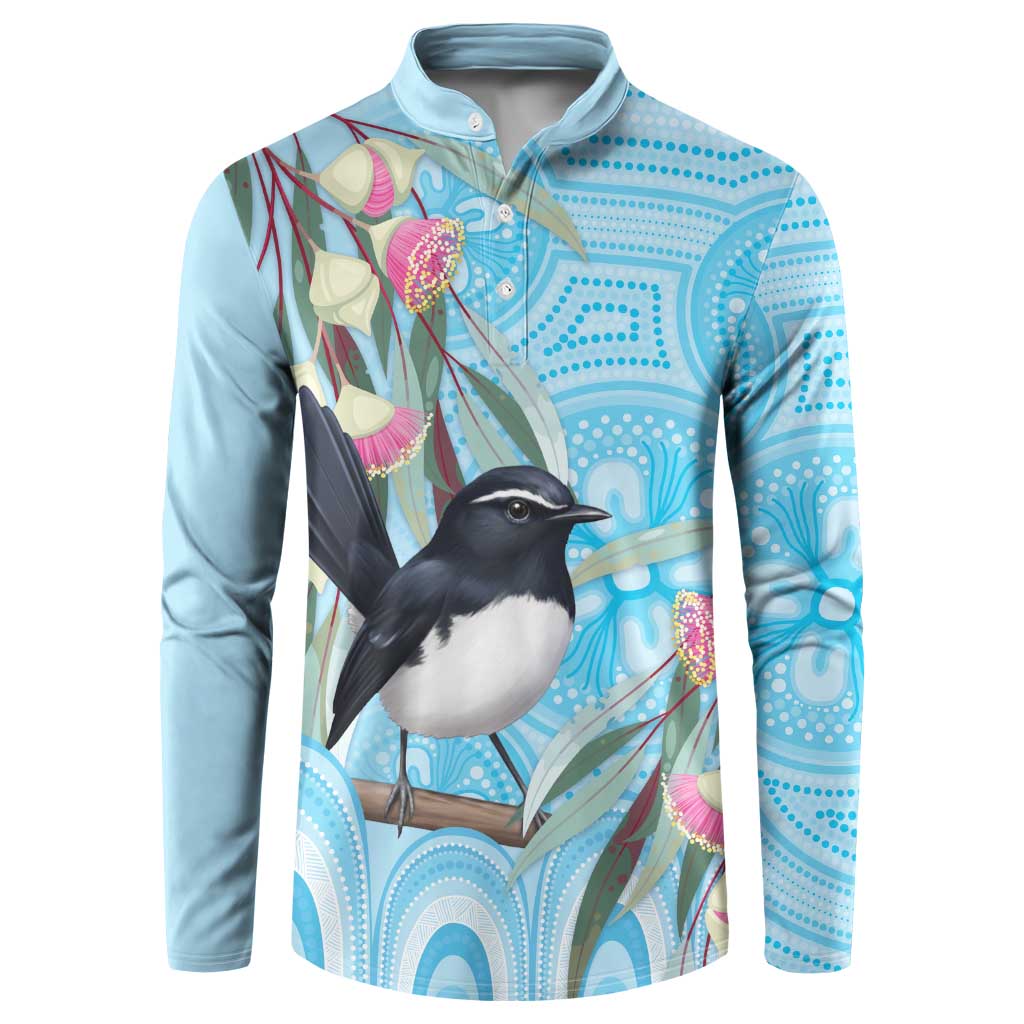 Willie wagtail Australia Button Sweatshirt Eucalyptus Blossoms Aboriginal Art - Aussie Hoodie