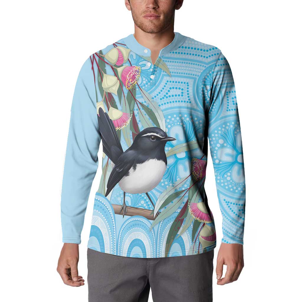 Willie wagtail Australia Button Sweatshirt Eucalyptus Blossoms Aboriginal Art - Aussie Hoodie