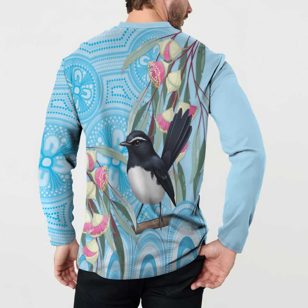 Willie wagtail Australia Button Sweatshirt Eucalyptus Blossoms Aboriginal Art - Aussie Hoodie