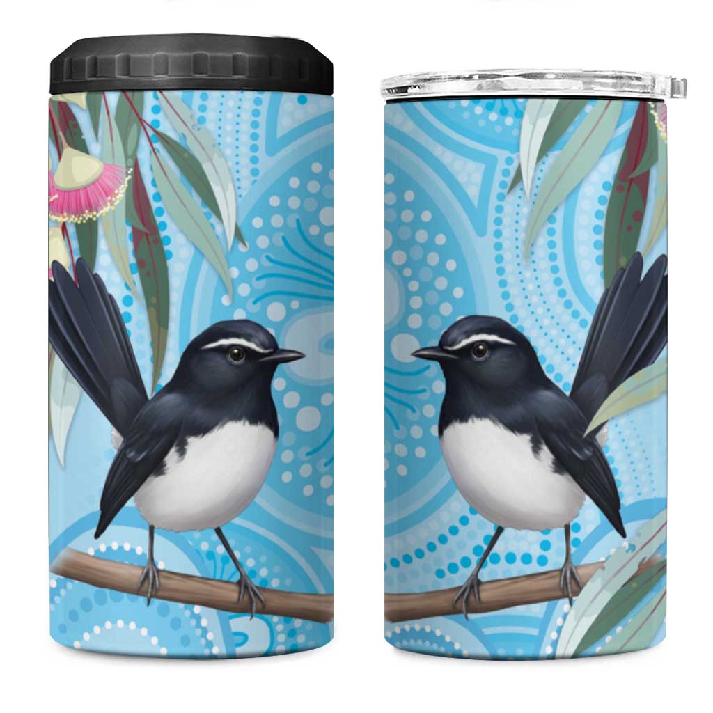 Willie wagtail Australia 4 in 1 Can Cooler Tumbler Eucalyptus Blossoms Aboriginal Art - Aussie Hoodie