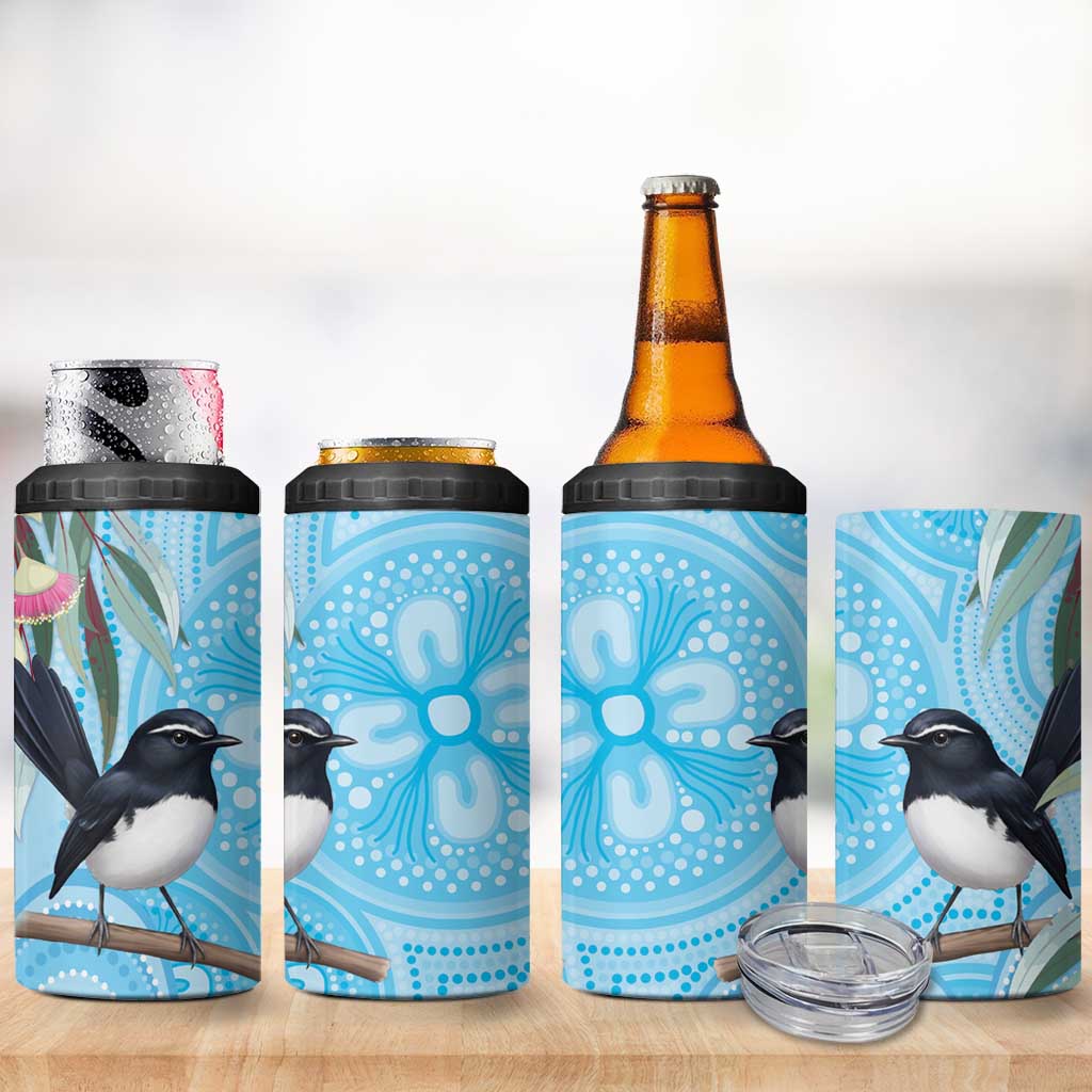 Willie wagtail Australia 4 in 1 Can Cooler Tumbler Eucalyptus Blossoms Aboriginal Art - Aussie Hoodie