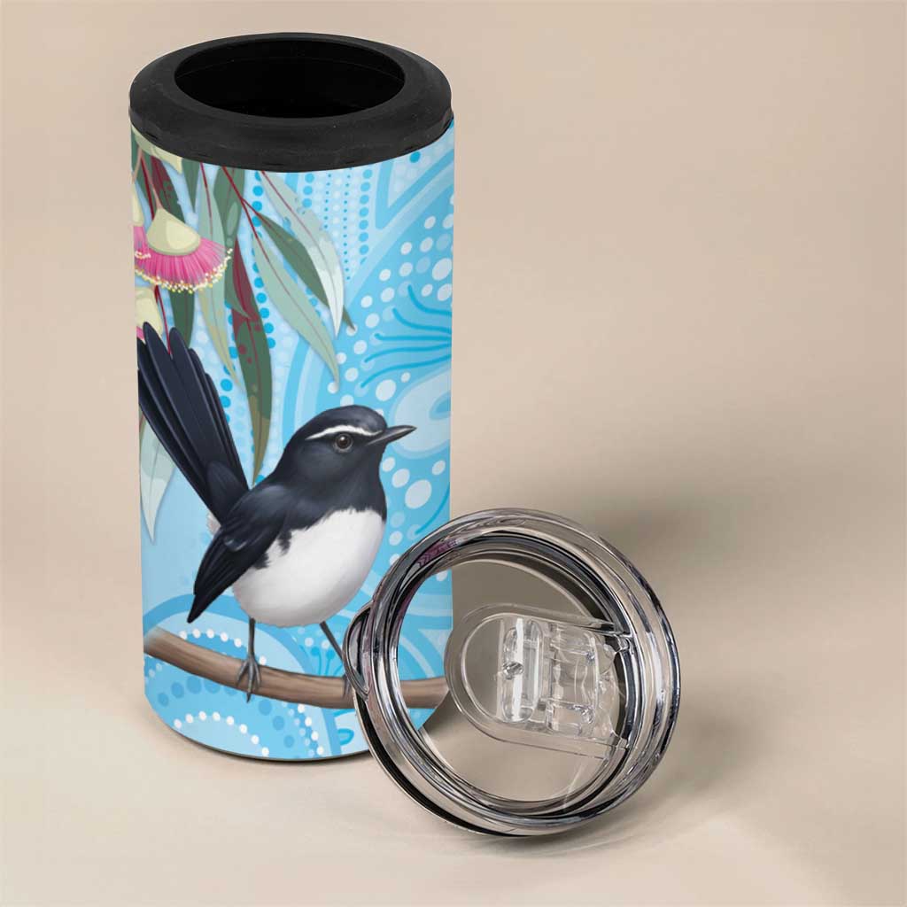 Willie wagtail Australia 4 in 1 Can Cooler Tumbler Eucalyptus Blossoms Aboriginal Art - Aussie Hoodie