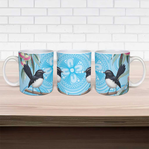 Willie wagtail Australia Ceramic Mug Eucalyptus Blossoms Aboriginal Art - Aussie Hoodie