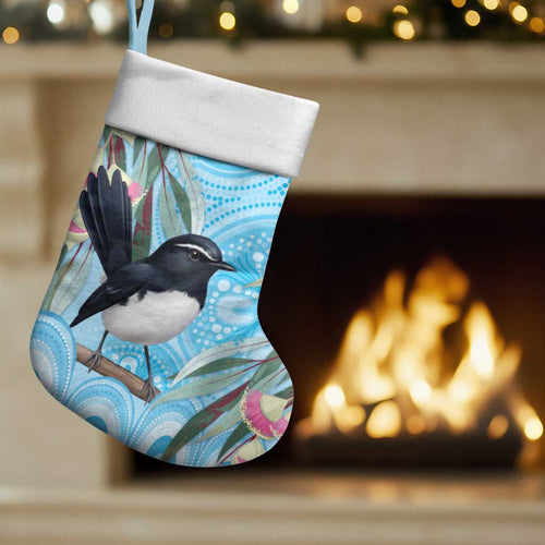 Willie wagtail Australia Christmas Stocking Eucalyptus Blossoms Aboriginal Art - Aussie Hoodie