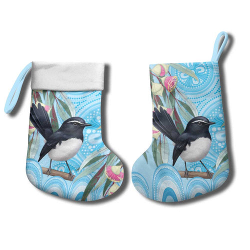 Willie wagtail Australia Christmas Stocking Eucalyptus Blossoms Aboriginal Art - Aussie Hoodie