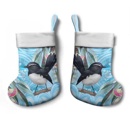 Willie wagtail Australia Christmas Stocking Eucalyptus Blossoms Aboriginal Art - Aussie Hoodie
