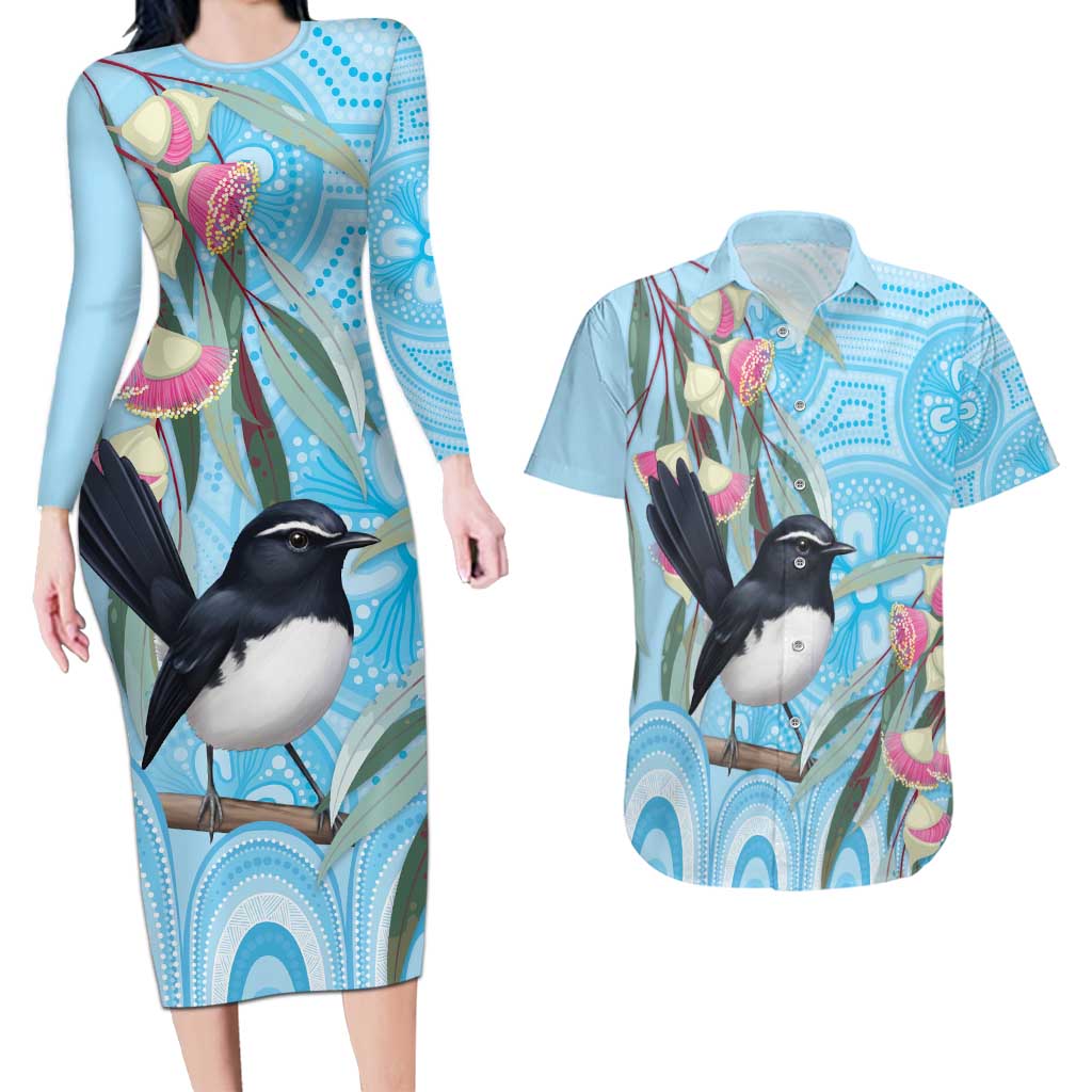 Willie wagtail Australia Couples Matching Long Sleeve Bodycon Dress and Hawaiian Shirt Eucalyptus Blossoms Aboriginal Art - Aussie Hoodie
