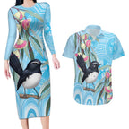 Willie wagtail Australia Couples Matching Long Sleeve Bodycon Dress and Hawaiian Shirt Eucalyptus Blossoms Aboriginal Art - Aussie Hoodie