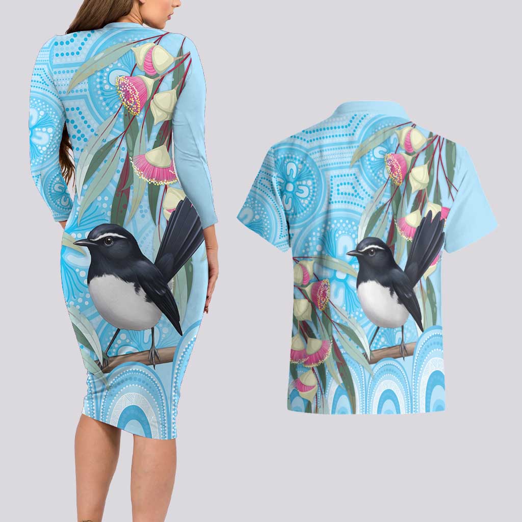 Willie wagtail Australia Couples Matching Long Sleeve Bodycon Dress and Hawaiian Shirt Eucalyptus Blossoms Aboriginal Art - Aussie Hoodie