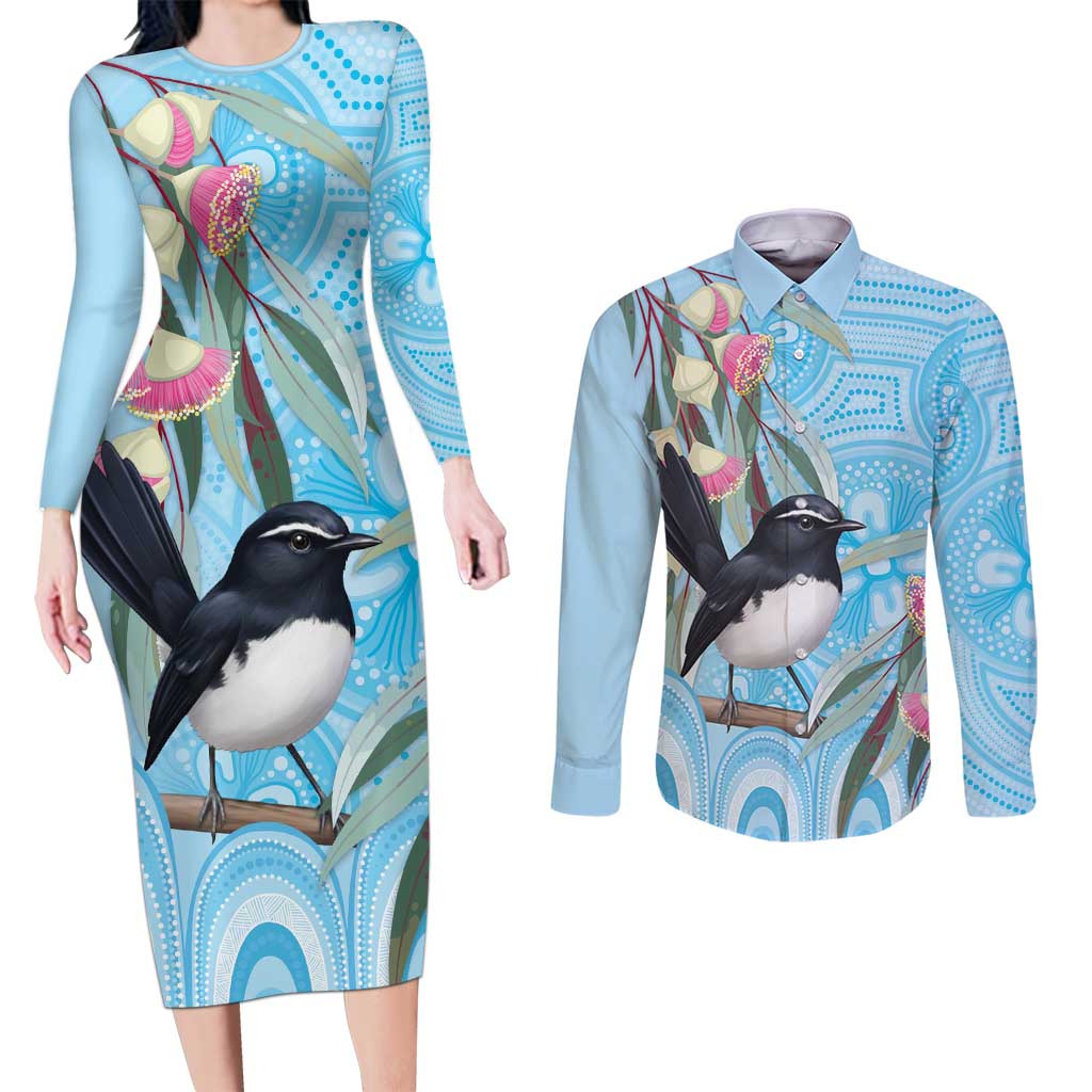 Willie wagtail Australia Couples Matching Long Sleeve Bodycon Dress and Long Sleeve Button Shirt Eucalyptus Blossoms Aboriginal Art - Aussie Hoodie