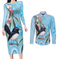 Willie wagtail Australia Couples Matching Long Sleeve Bodycon Dress and Long Sleeve Button Shirt Eucalyptus Blossoms Aboriginal Art - Aussie Hoodie