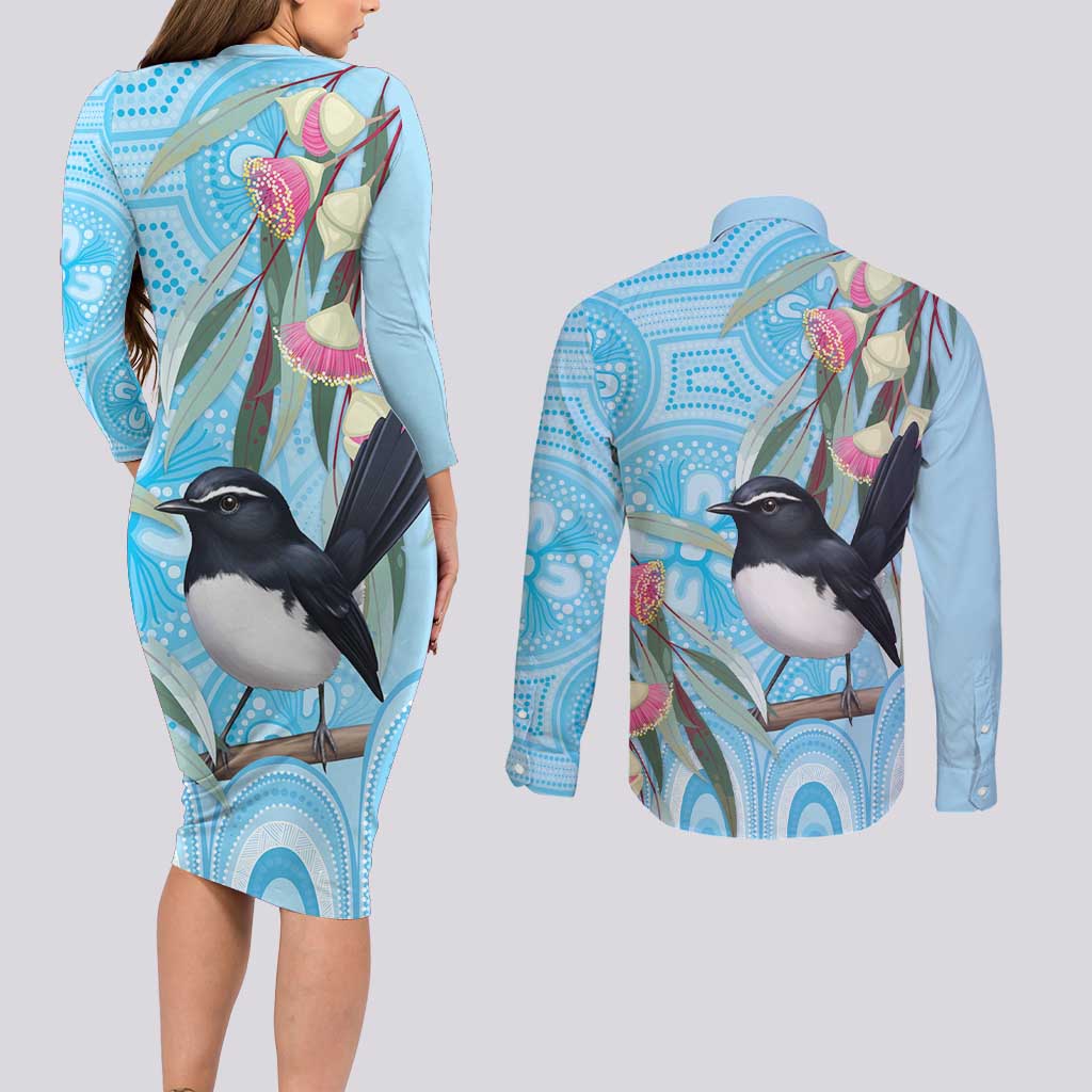 Willie wagtail Australia Couples Matching Long Sleeve Bodycon Dress and Long Sleeve Button Shirt Eucalyptus Blossoms Aboriginal Art - Aussie Hoodie